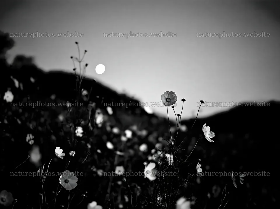 Colorful cosmos meadow under bright moonlight – nature photos 9174x6866