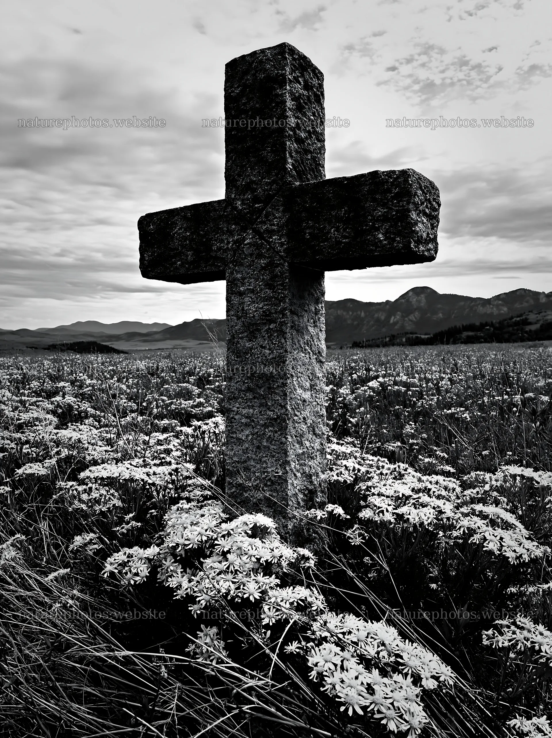 Christian cross in yellow wildflower meadow with mountains – nature photos 6866x9174
