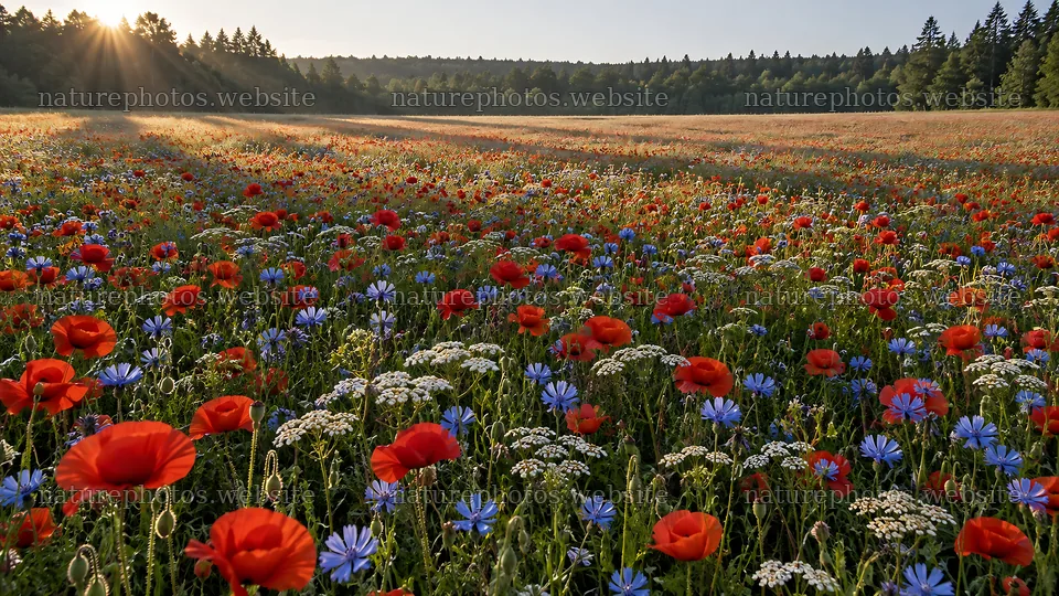 Wildflower meadow in a sunlit forest clearing – nature photos 10324x5812
