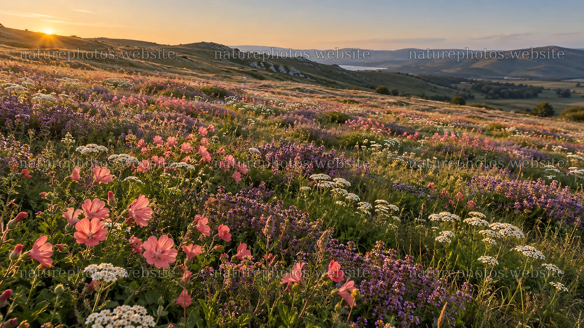 Wildflower Meadow at Golden Sunset – nature photos 10324x5812