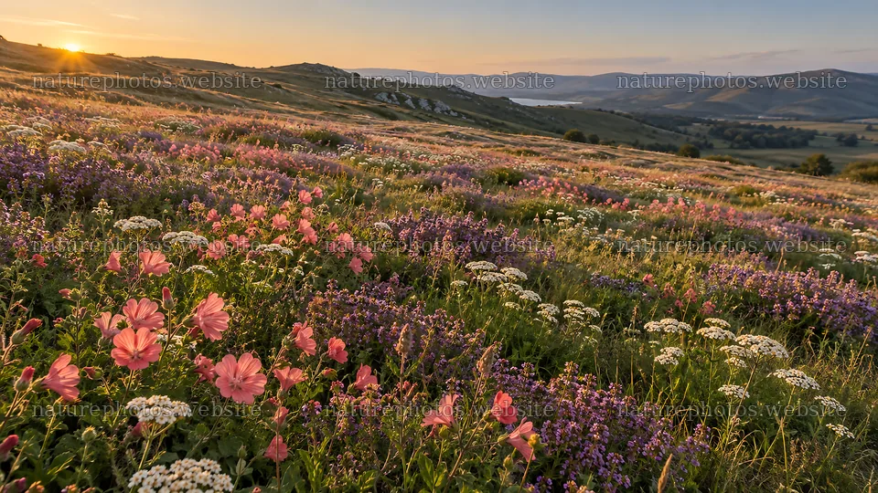 Wildflower Meadow at Golden Sunset – nature photos 10324x5812