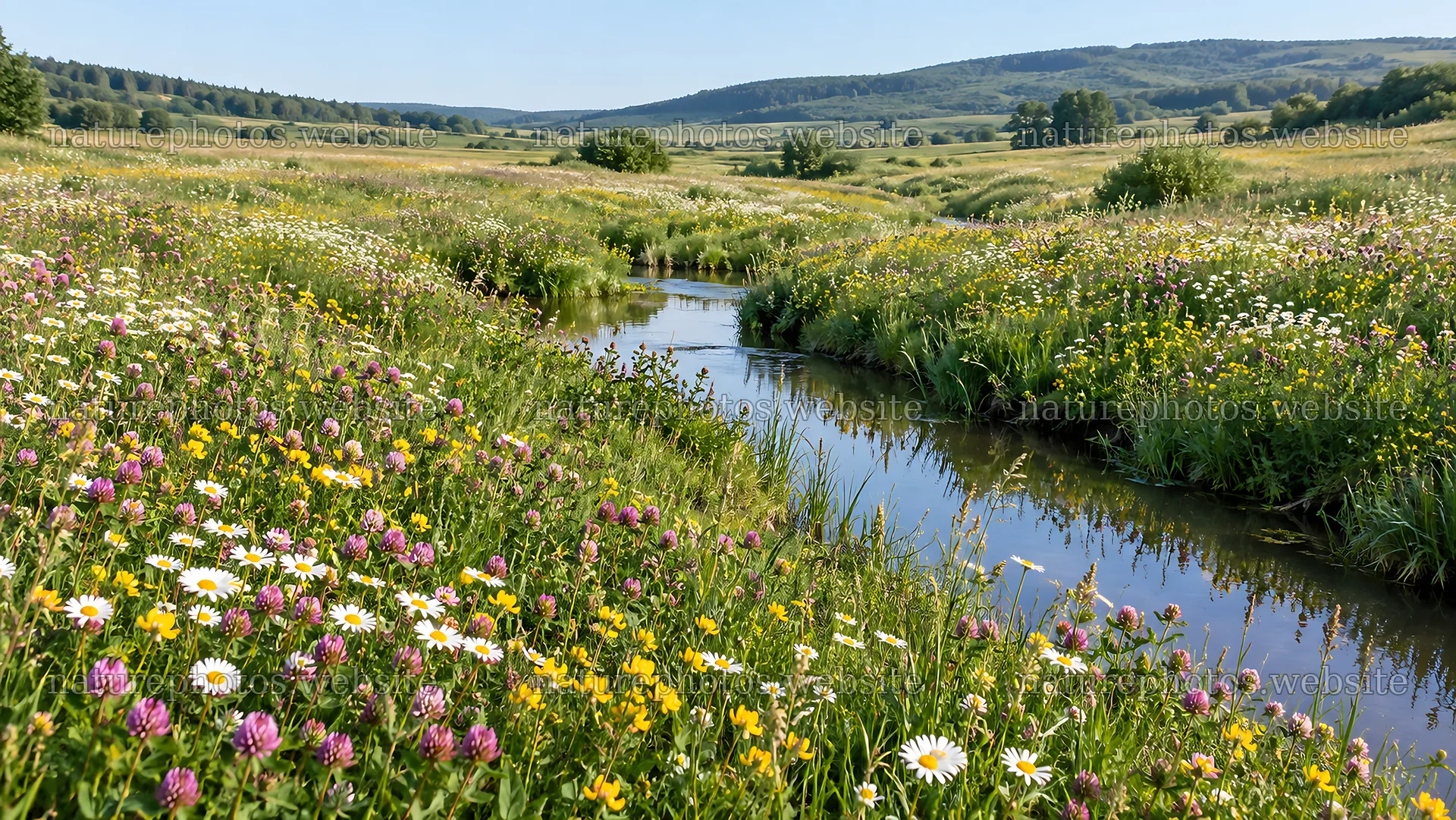 Colorful Wildflowers Along a Meadow Stream – nature photos 10324x5812