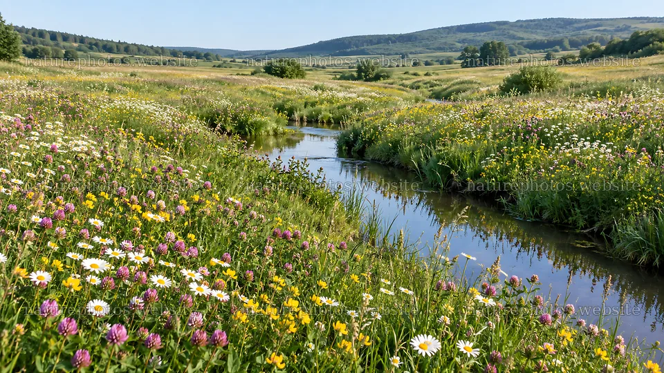 Colorful Wildflowers Along a Meadow Stream – nature photos 10324x5812