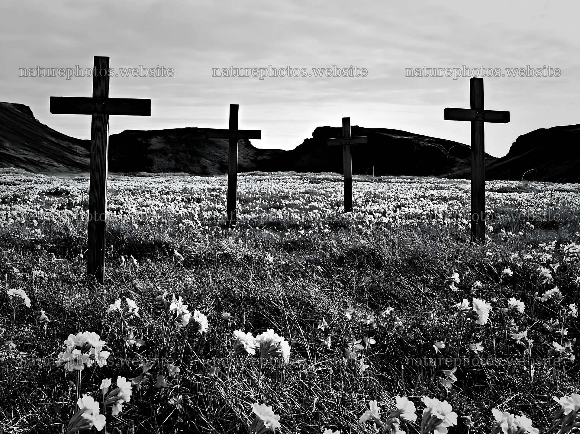 Four wooden crosses in a meadow with flowers in foreground – nature photos 9174x6866