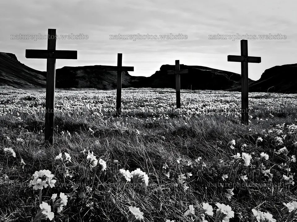 Four wooden crosses in a meadow with flowers in foreground – nature photos 9174x6866