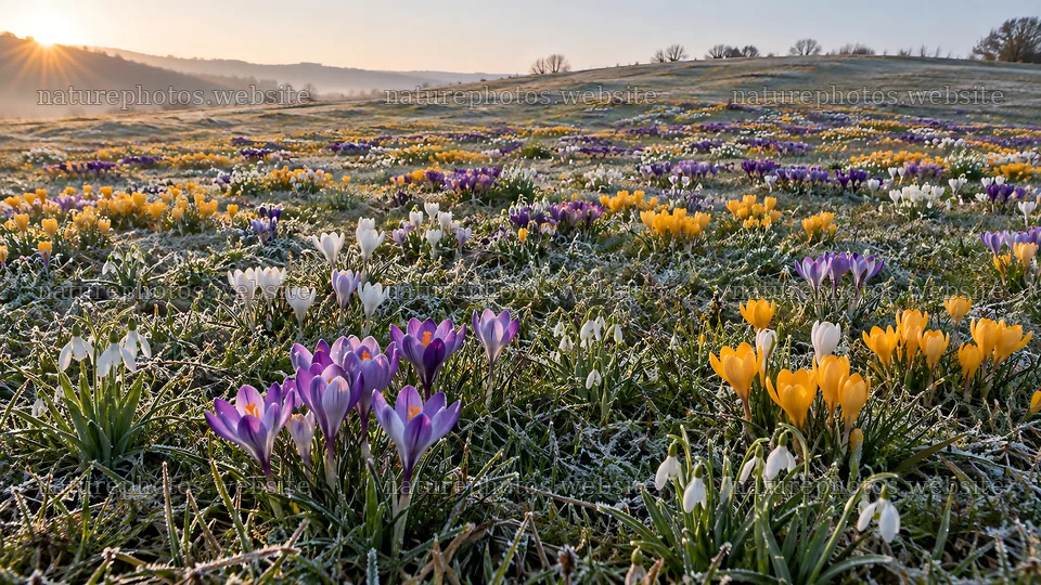 Colorful Spring Flowers Across a Frosted Meadow – nature photos 10324x5812