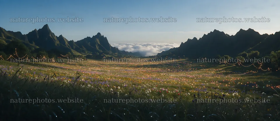 Warm Christmas lights across mountain valley meadow – nature photos 12094x5210