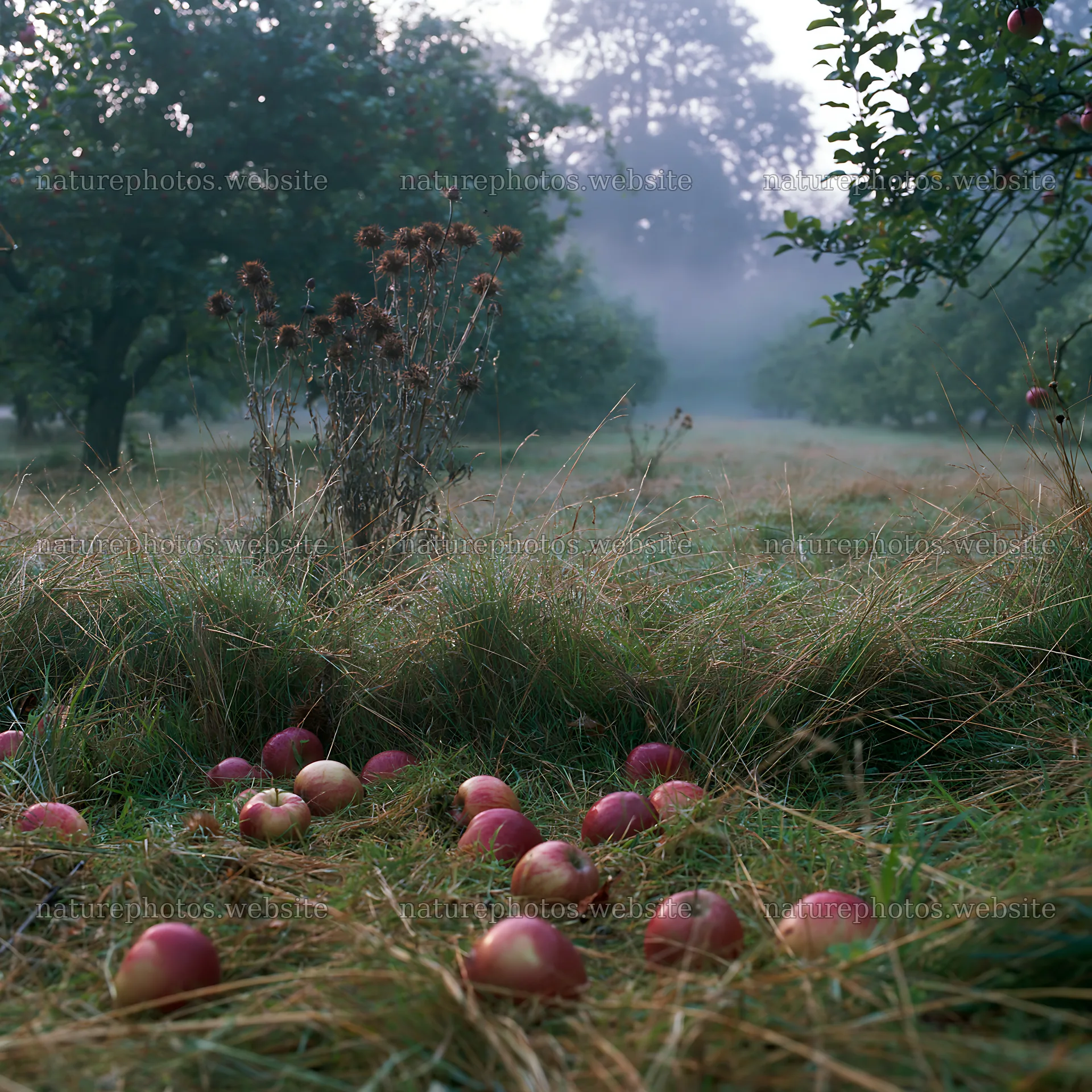 Moody orchard meadow with fallen apples and misty background – nature photos 7938x7938