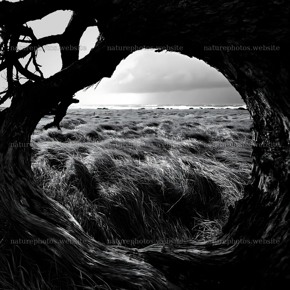 Ishikawa coastal meadow storm washed driftwood framed by grass – nature photos 7938x7938