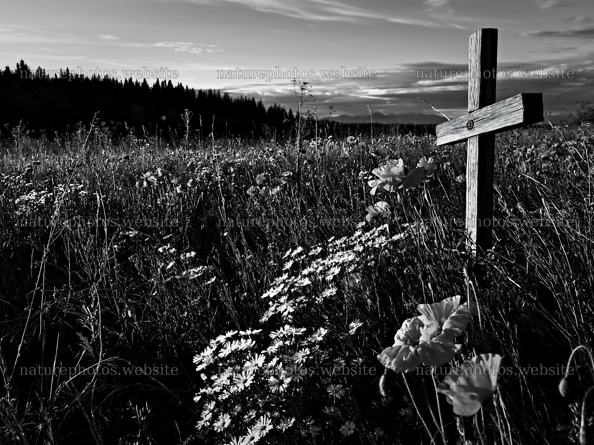 Wooden Christian cross in a meadow with flowers during Christmas – nature photos 9174x6866