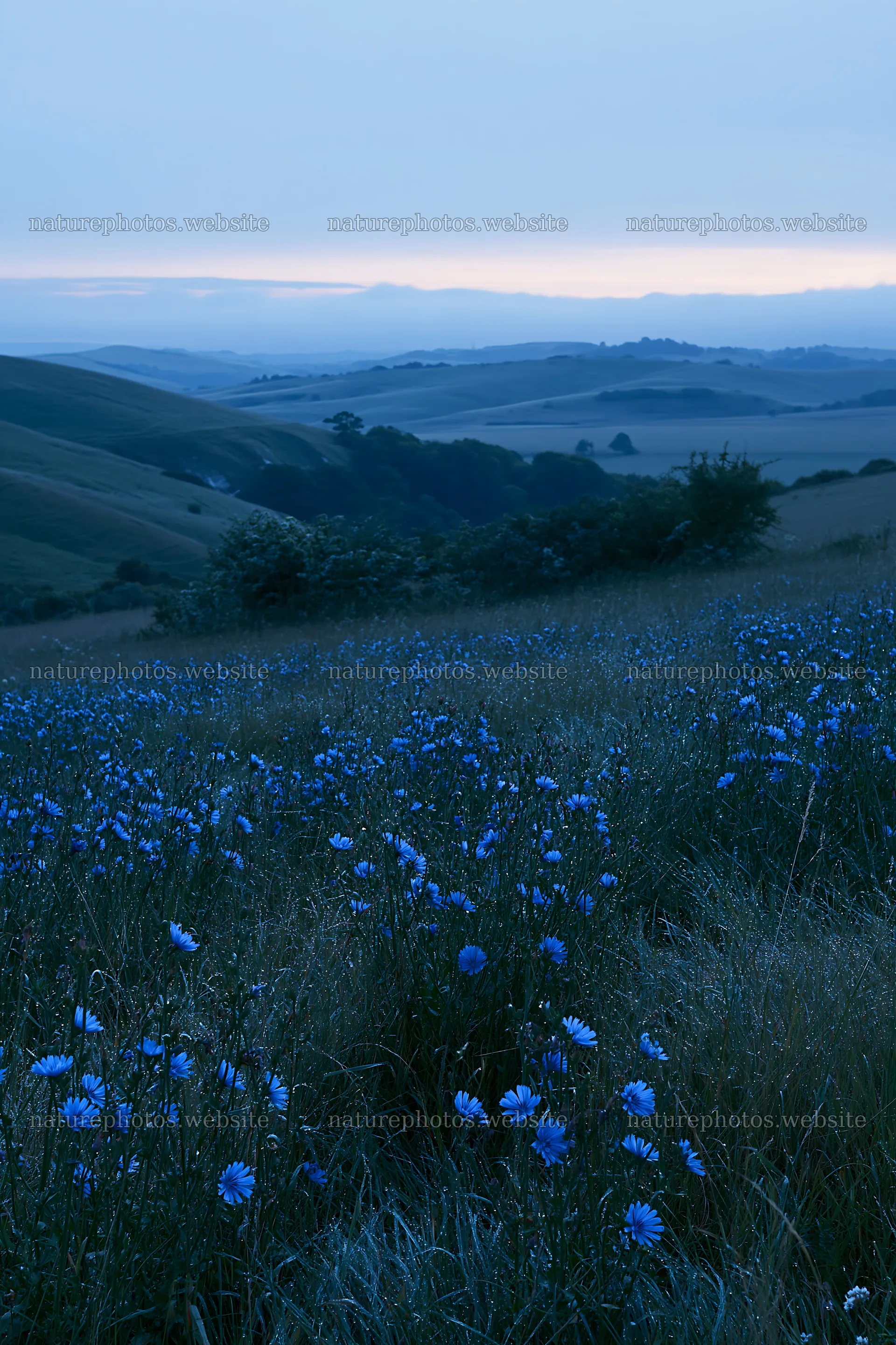 Sainfoin and chicory meadow at dusk with rolling hills – nature photos 6480x9722