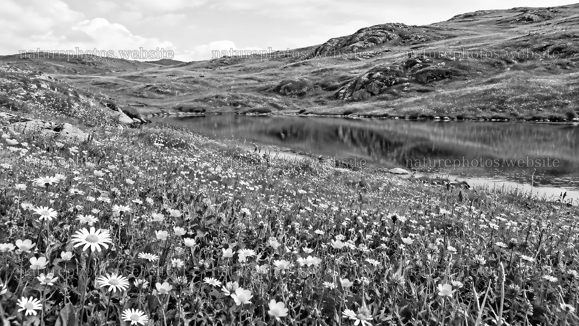 Monochrome Wildflower Meadow by Mountain Lake – nature photos 10324x5812