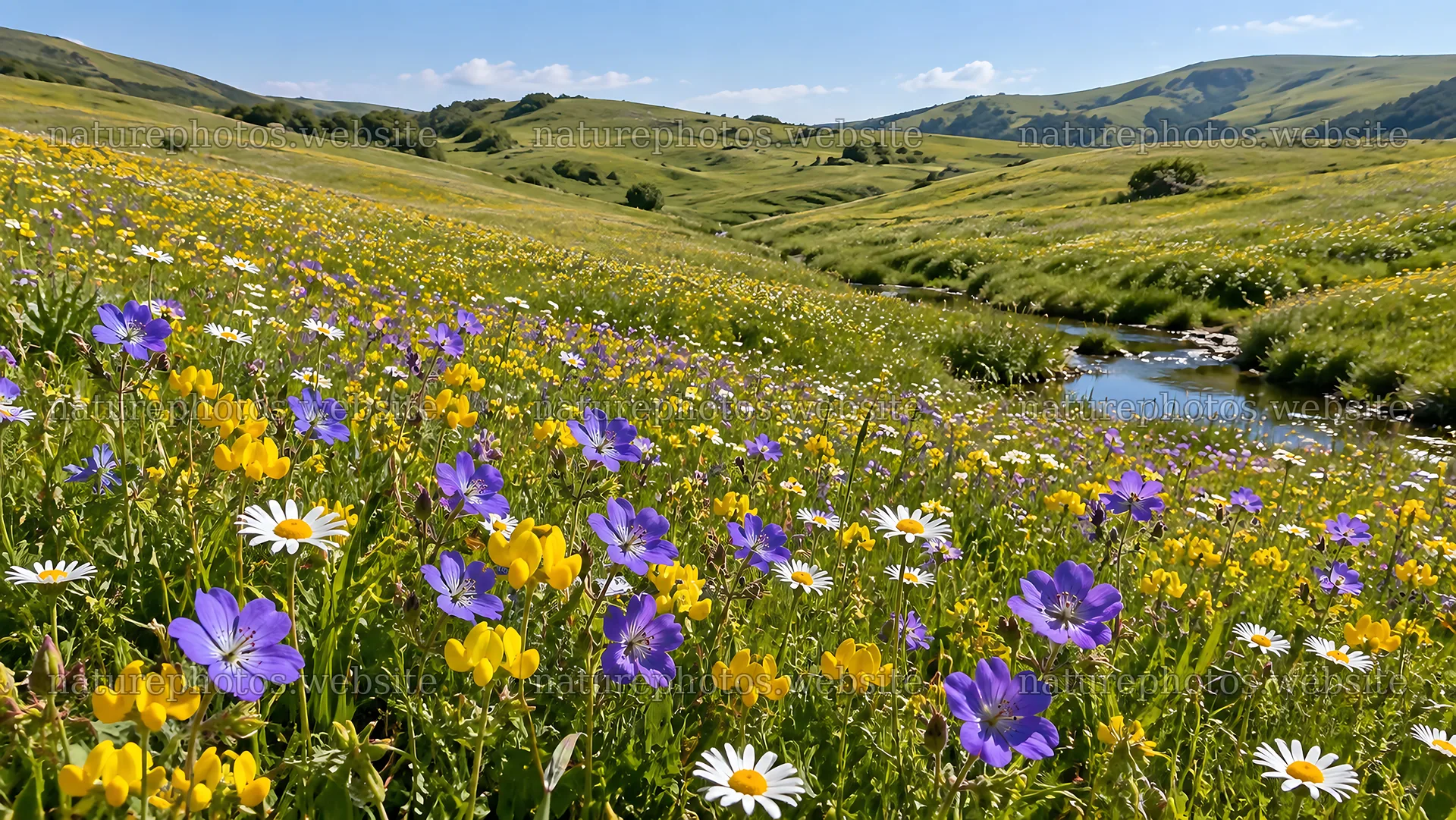 Wildflowers Across a Sunny Hillside Meadow – nature photos 10324x5812