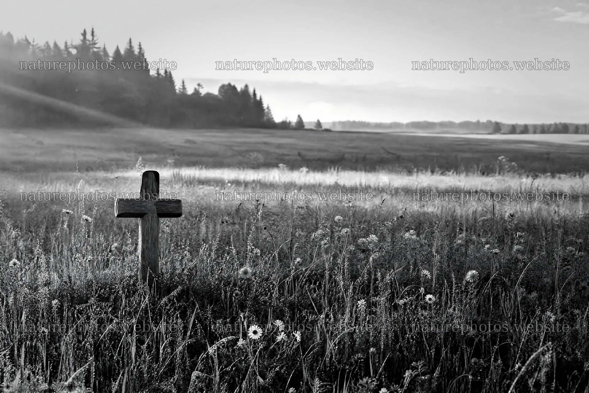 Christian cross in meadow with rays of light – nature photos 9722x6480