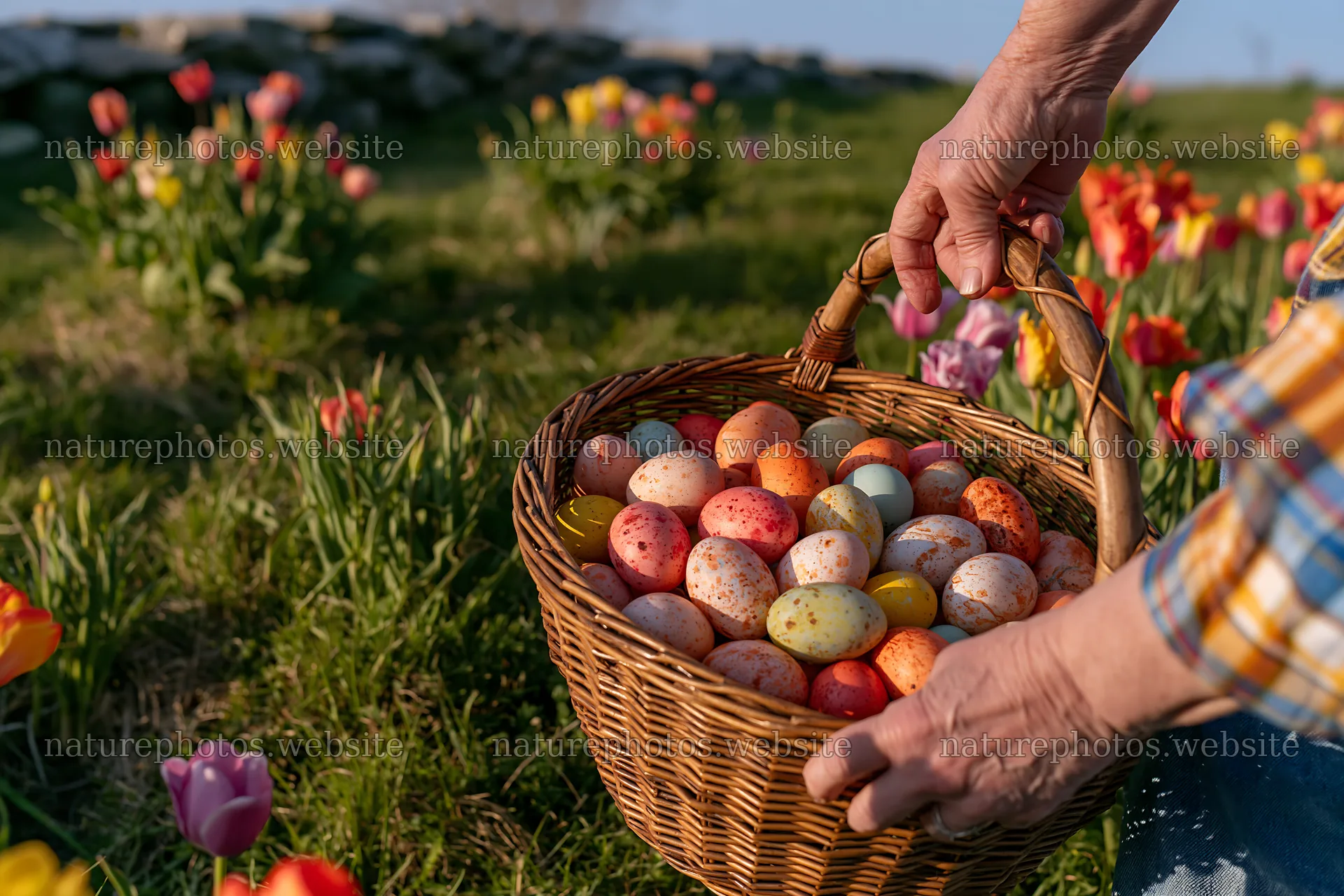 Easter basket filled with colorful eggs in a flower meadow – nature photos 9722x6480