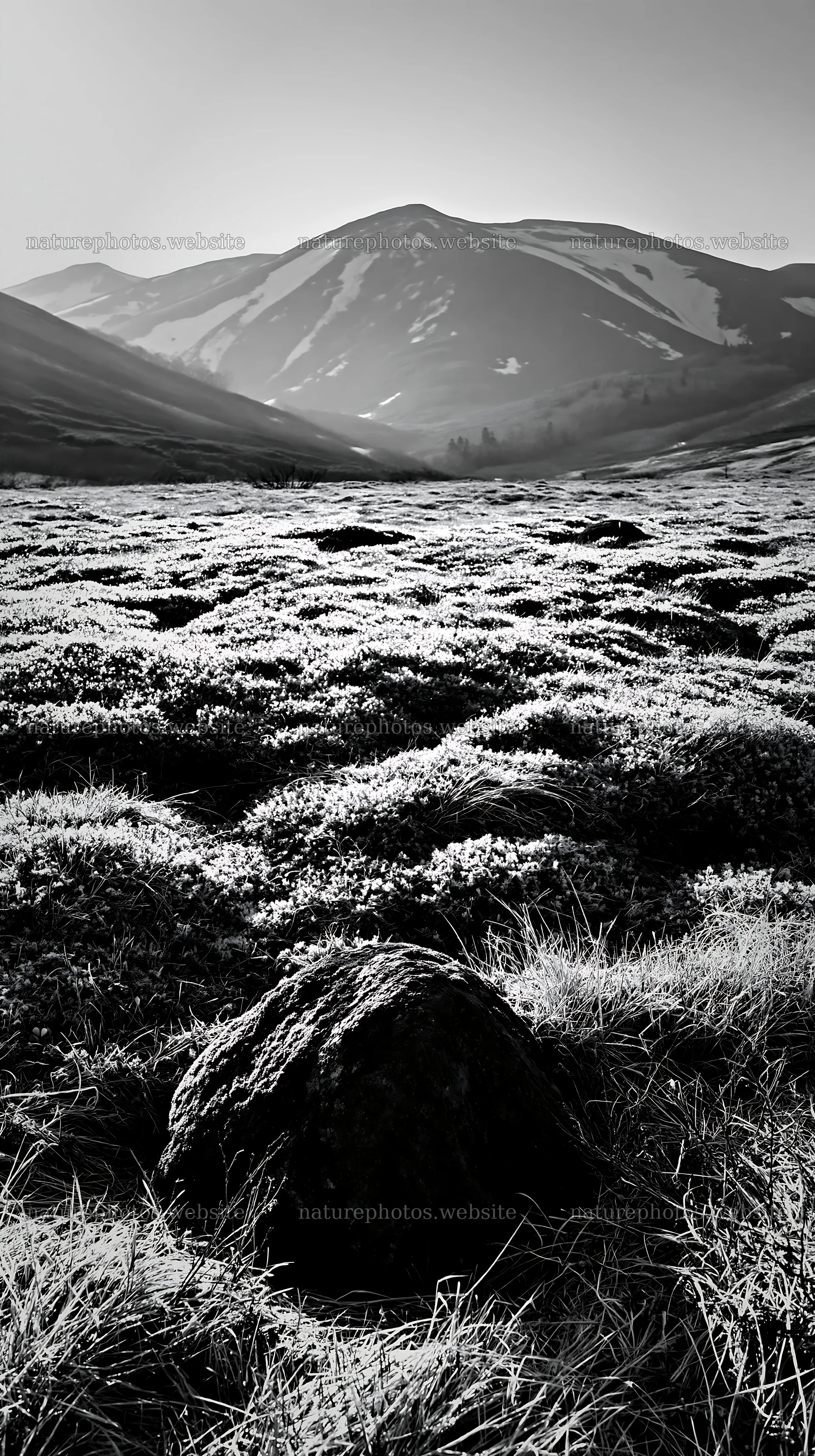 Miyagi spring recovery meadow with mossy stones and mountains – nature photos 5938x10608