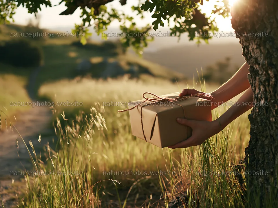 Gift box under a tree in a rural setting at sunset – nature photos 9174x6866