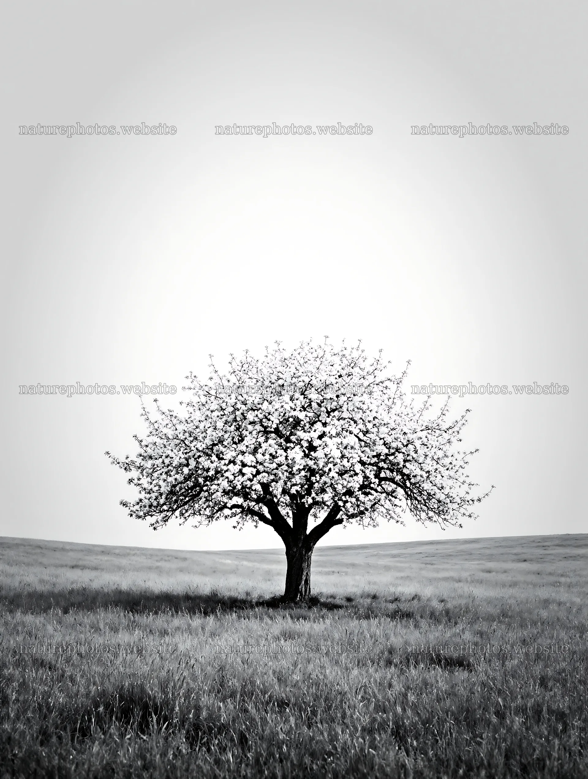 Apple blossom meadow with a single tree in a grassy field – nature photos 6898x9134