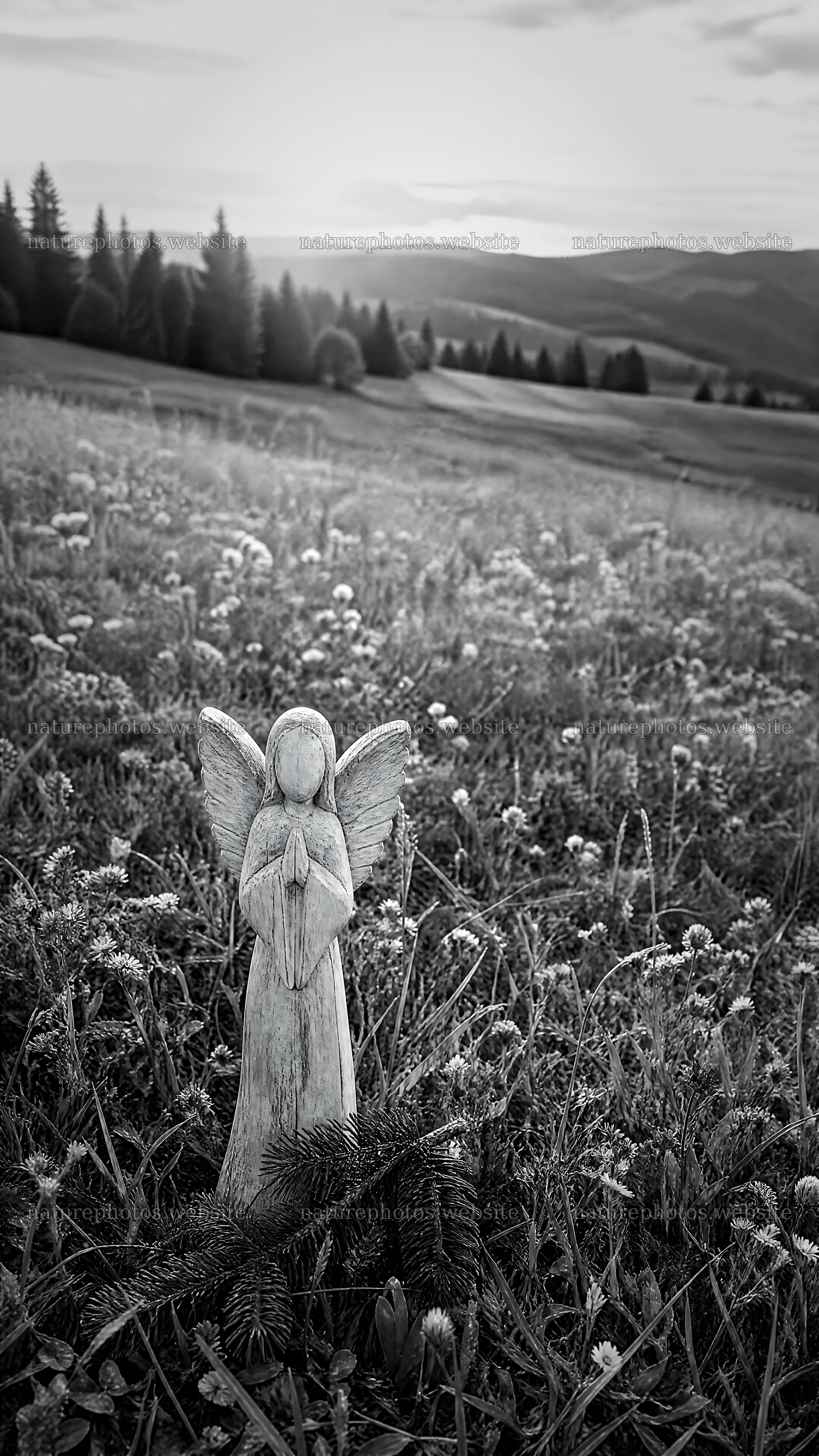 Wooden angel in a meadow during sunset – nature photos 5952x10584