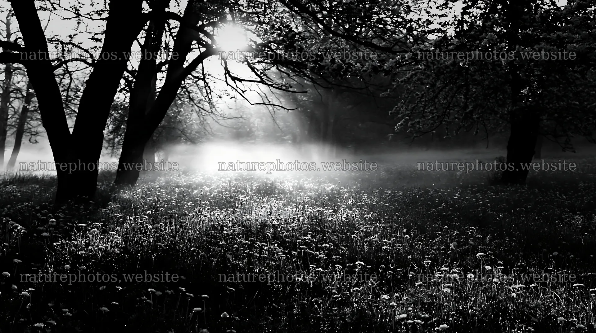 Dandelion meadow at dawn with trees in mist – nature photos 10608x5938