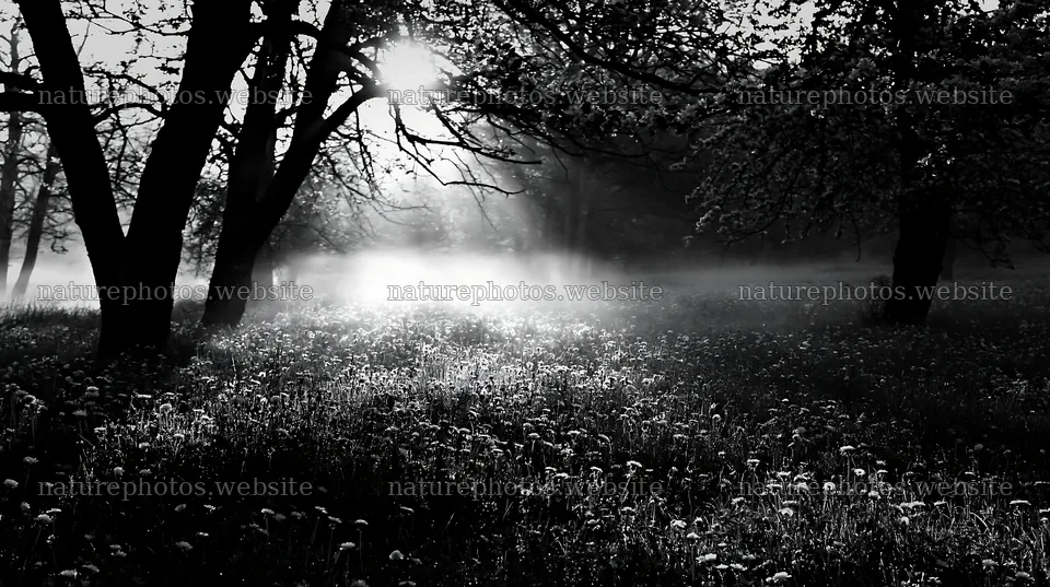 Dandelion meadow at dawn with trees in mist – nature photos 10608x5938