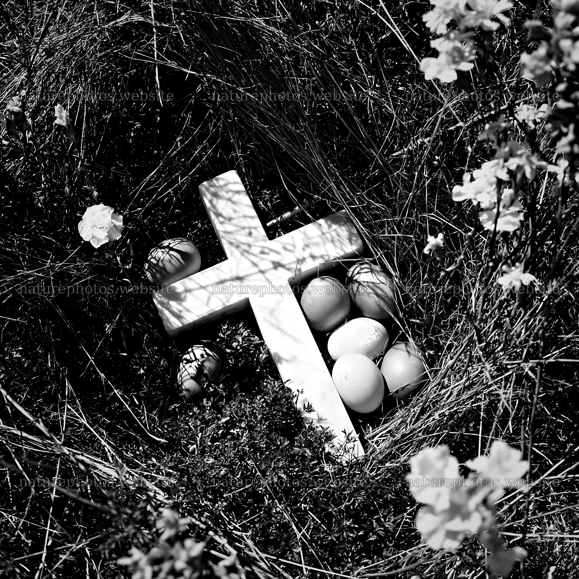 Cross in a meadow surrounded by Easter eggs and flowers – nature photos 7938x7938