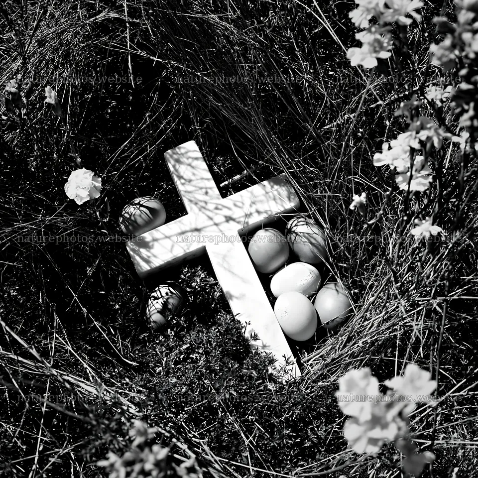 Cross in a meadow surrounded by Easter eggs and flowers – nature photos 7938x7938