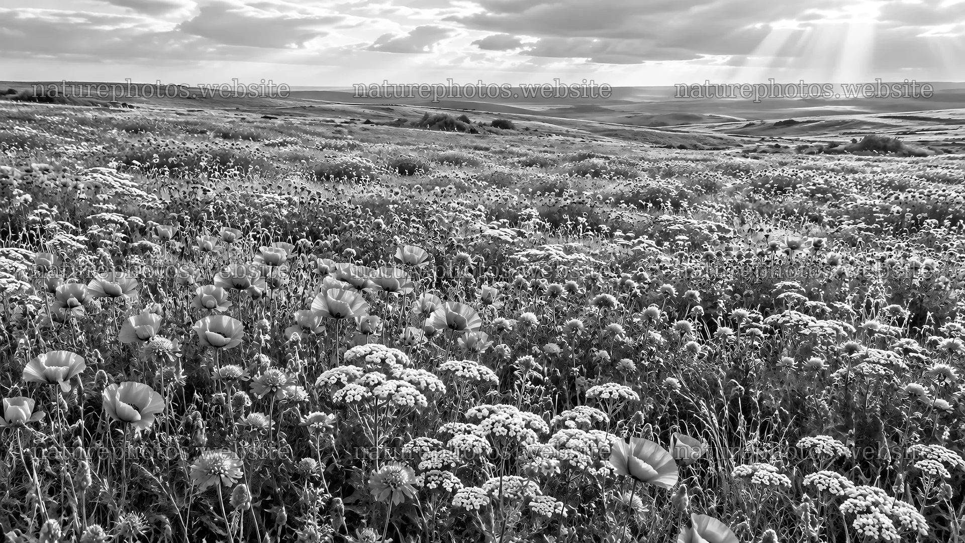 Monochrome Wildflower Meadow Beneath Sun Rays – nature photos 10324x5812
