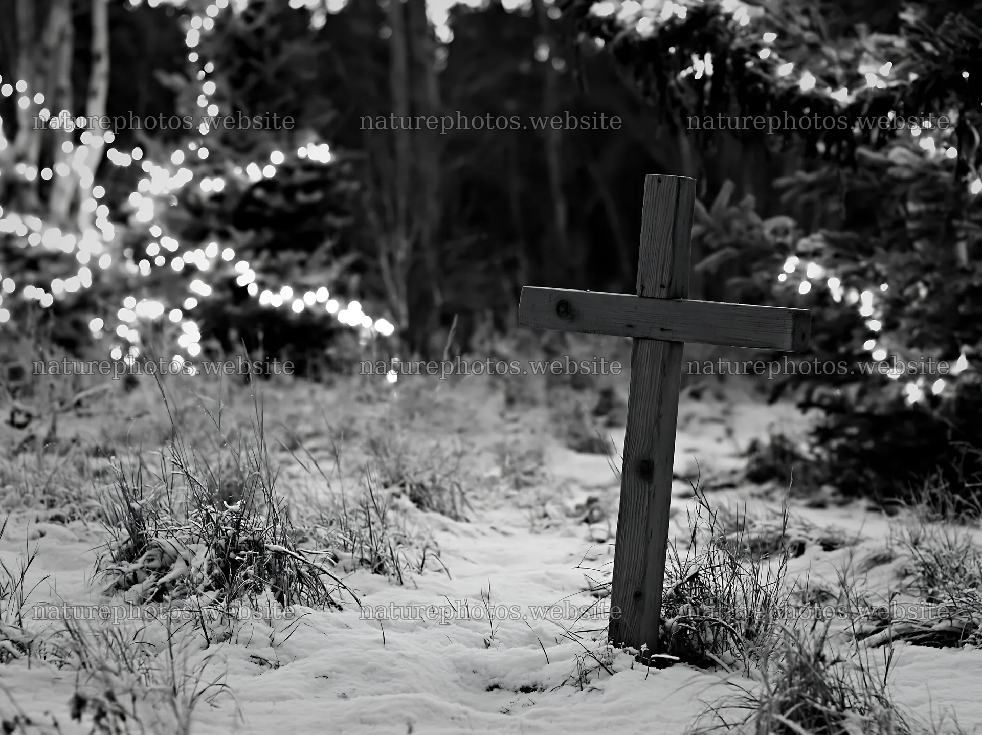Christian cross stands in snowy meadow with lights in background – nature photos 9174x6866