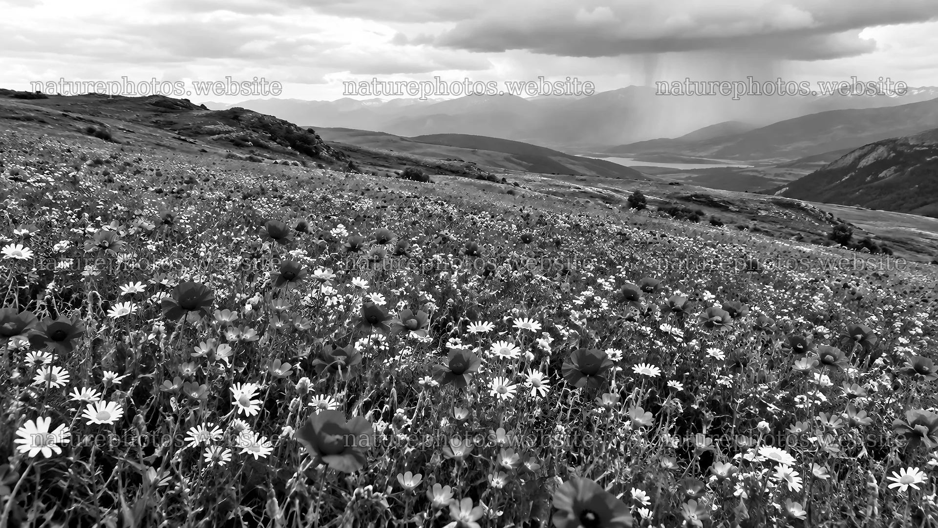 Wildflower Meadow Beneath Rainy Mountains – nature photos 10324x5812