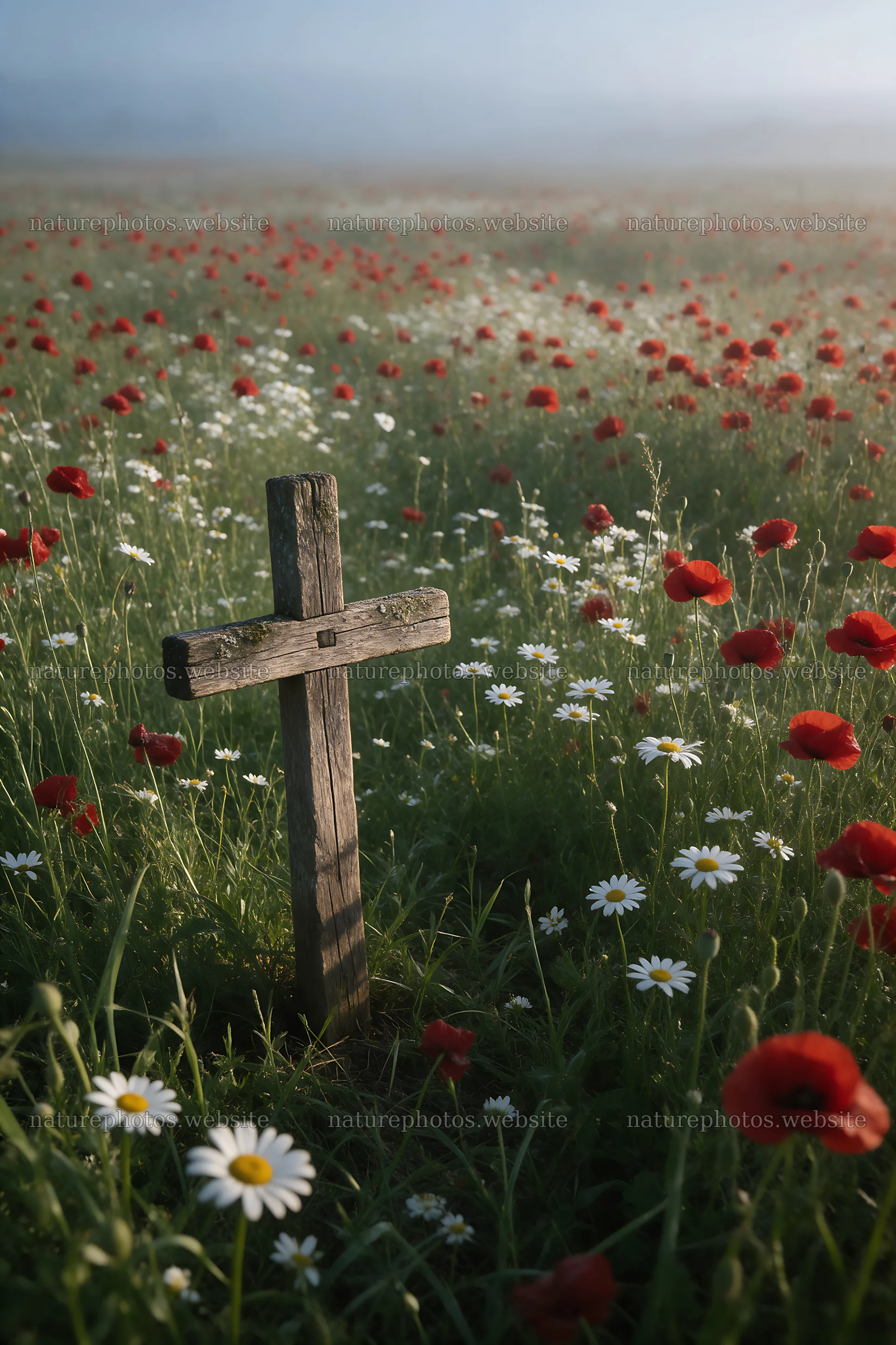 Weathered Christian cross in misty meadow with flowers – nature photos 6480x9722