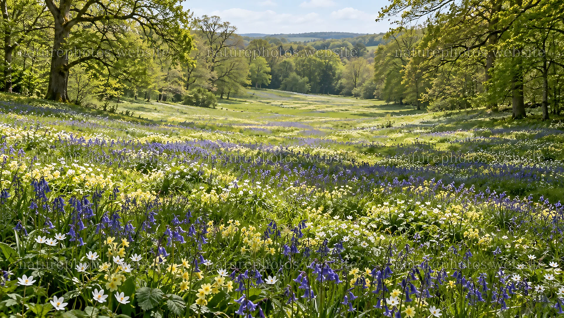 Spring flowers in a sunlit woodland clearing – nature photos 10324x5812
