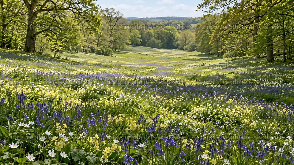 Spring flowers in a sunlit woodland clearing – nature photos 10324x5812