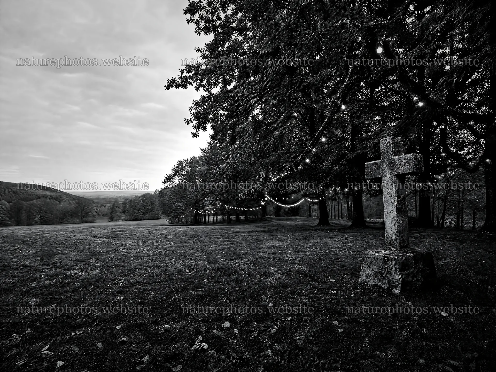 Aged Christian cross in autumn valley meadow – nature photos 9166x6874