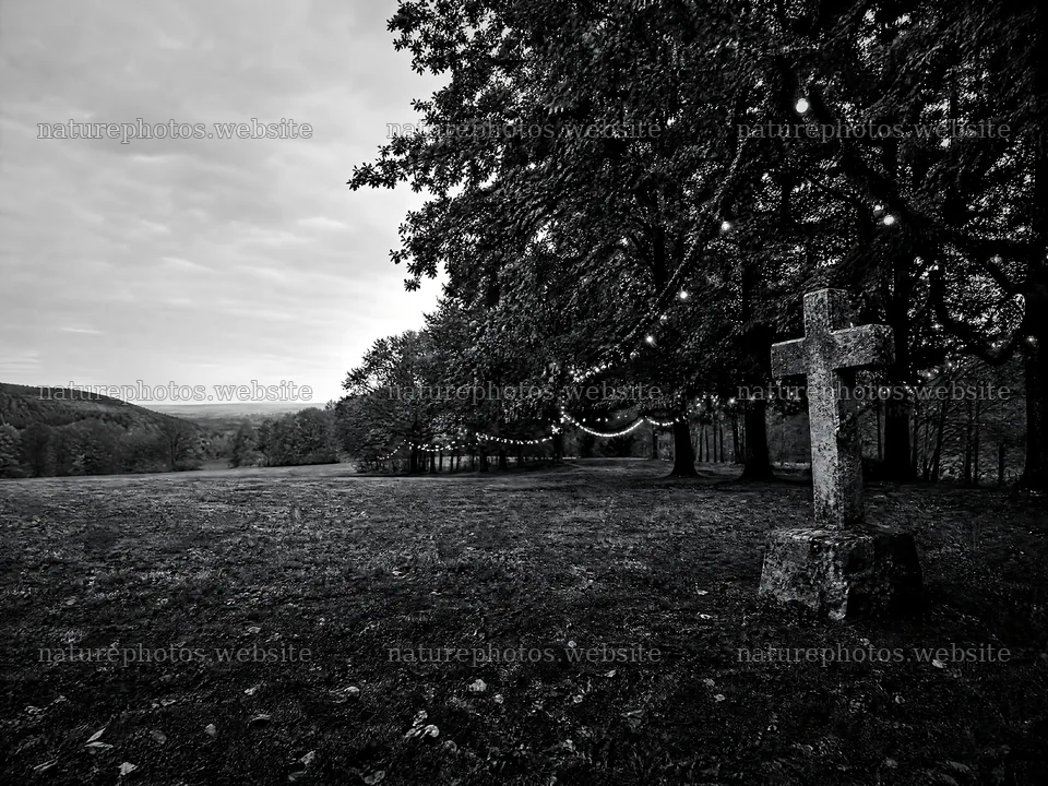 Aged Christian cross in autumn valley meadow – nature photos 9166x6874