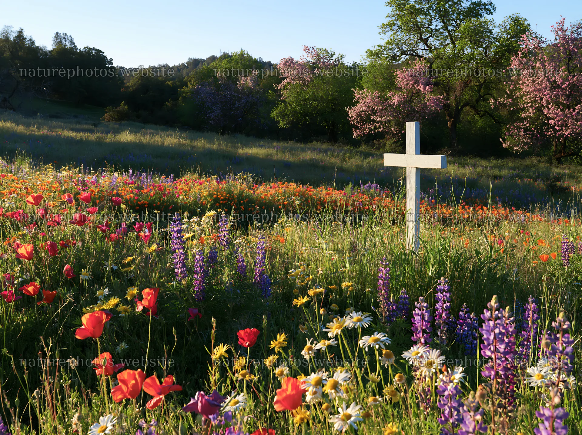 White Christian cross in a colorful meadow during Christmas time – nature photos 9174x6866
