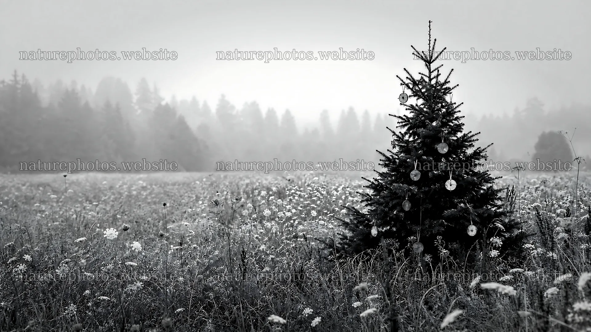 Vibrant Christmas tree in a misty meadow – nature photos 10584x5952