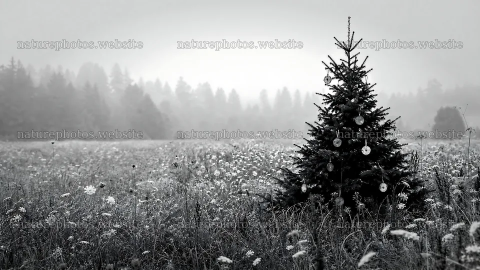 Vibrant Christmas tree in a misty meadow – nature photos 10584x5952