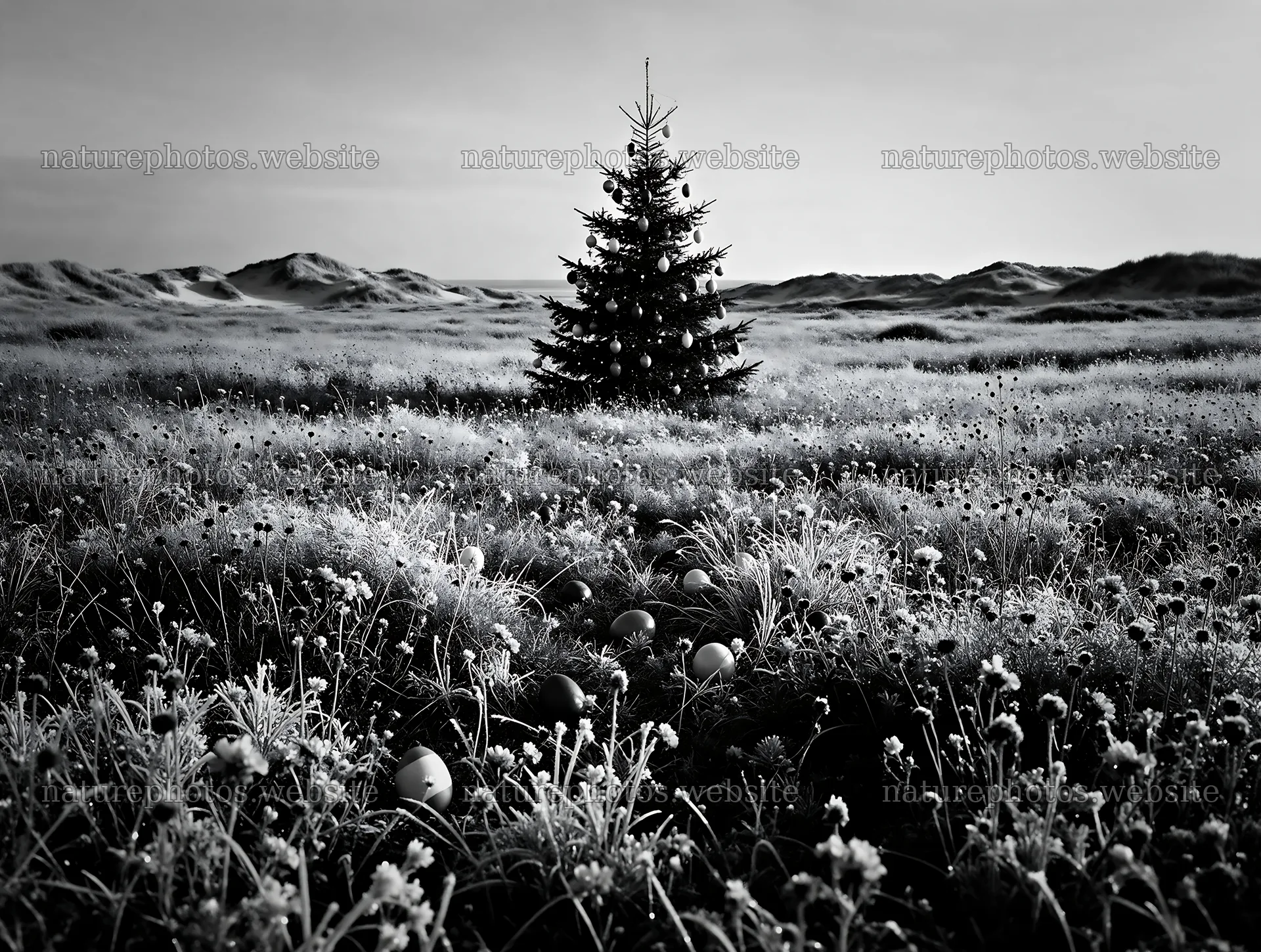 Vibrant Christmas tree in winter meadow with grass and flowers – nature photos 9134x6898