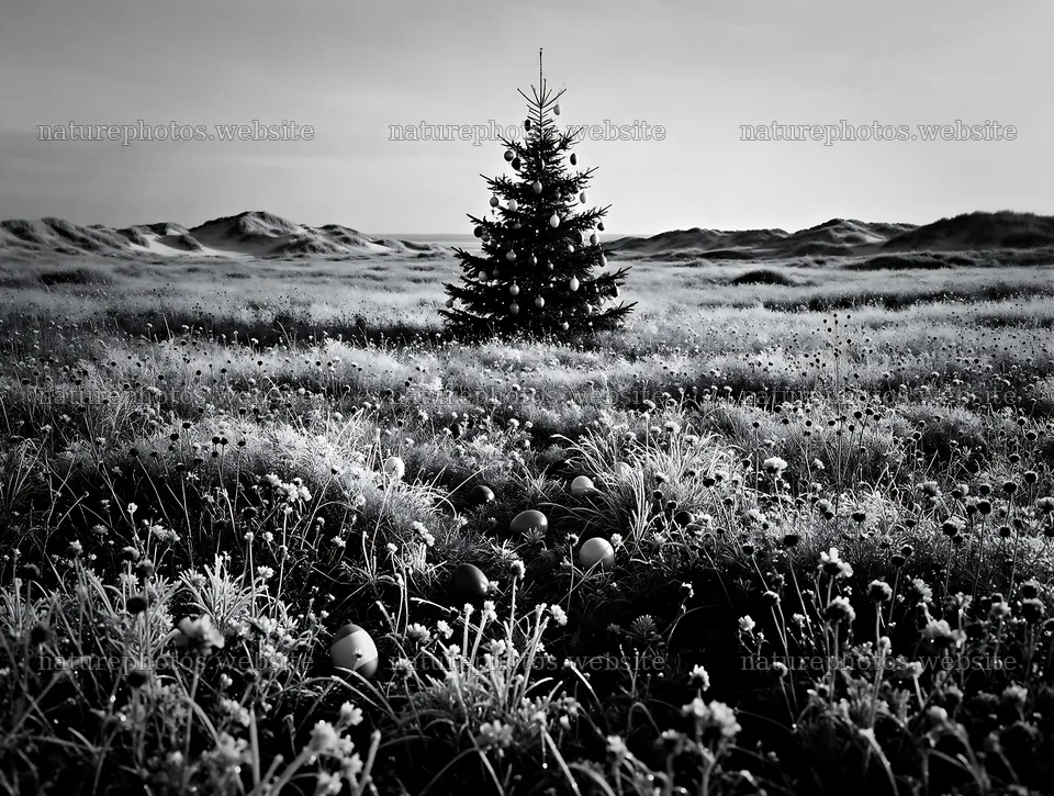 Vibrant Christmas tree in winter meadow with grass and flowers – nature photos 9134x6898