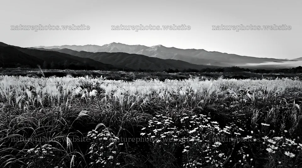 Biodiverse Nagano silver grass meadow dew at sunrise – nature photos 10608x5938