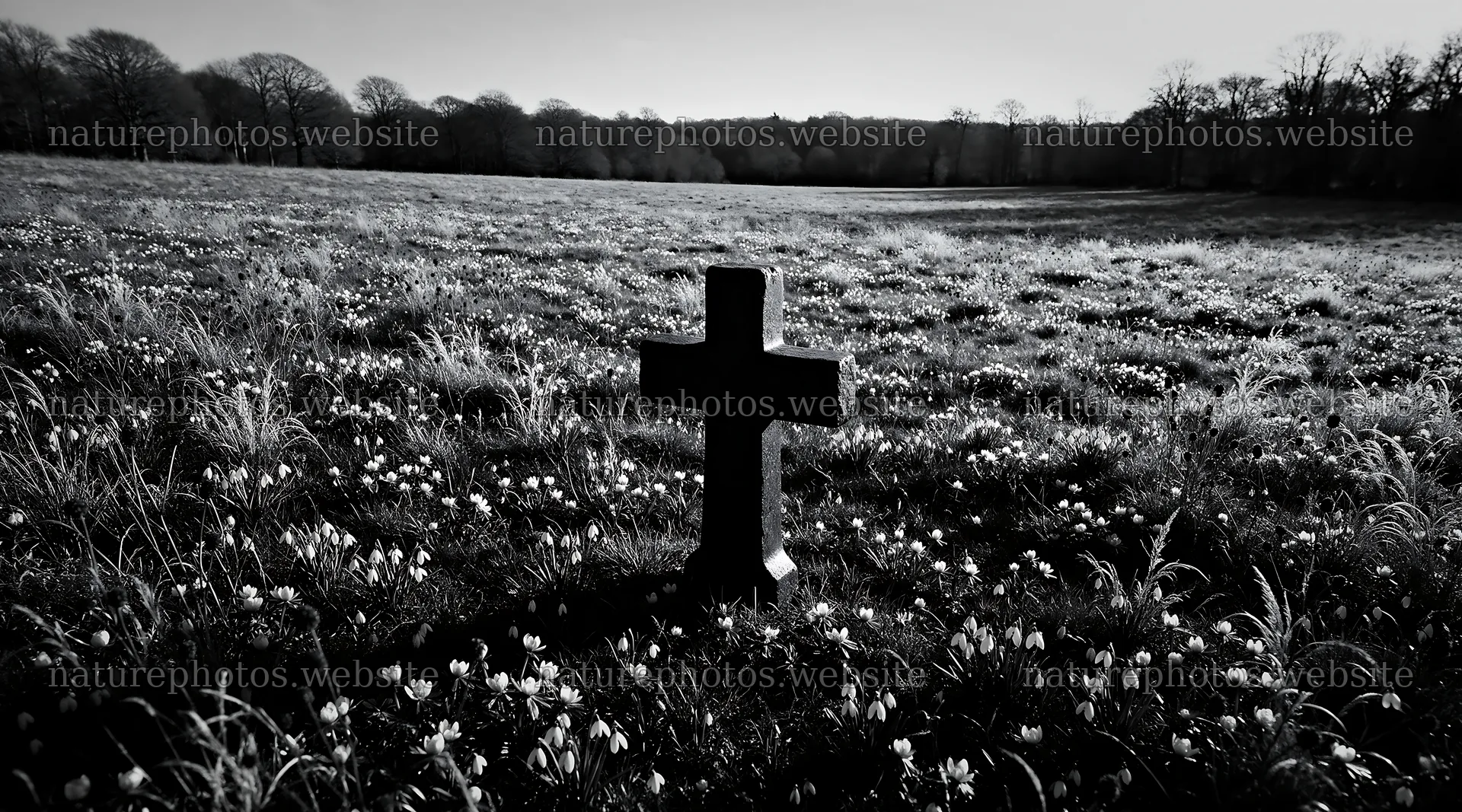 Christian cross in winter meadow with low sunlight – nature photos 10648x5916