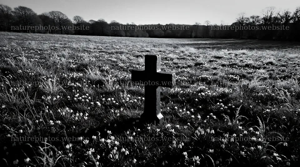 Christian cross in winter meadow with low sunlight – nature photos 10648x5916