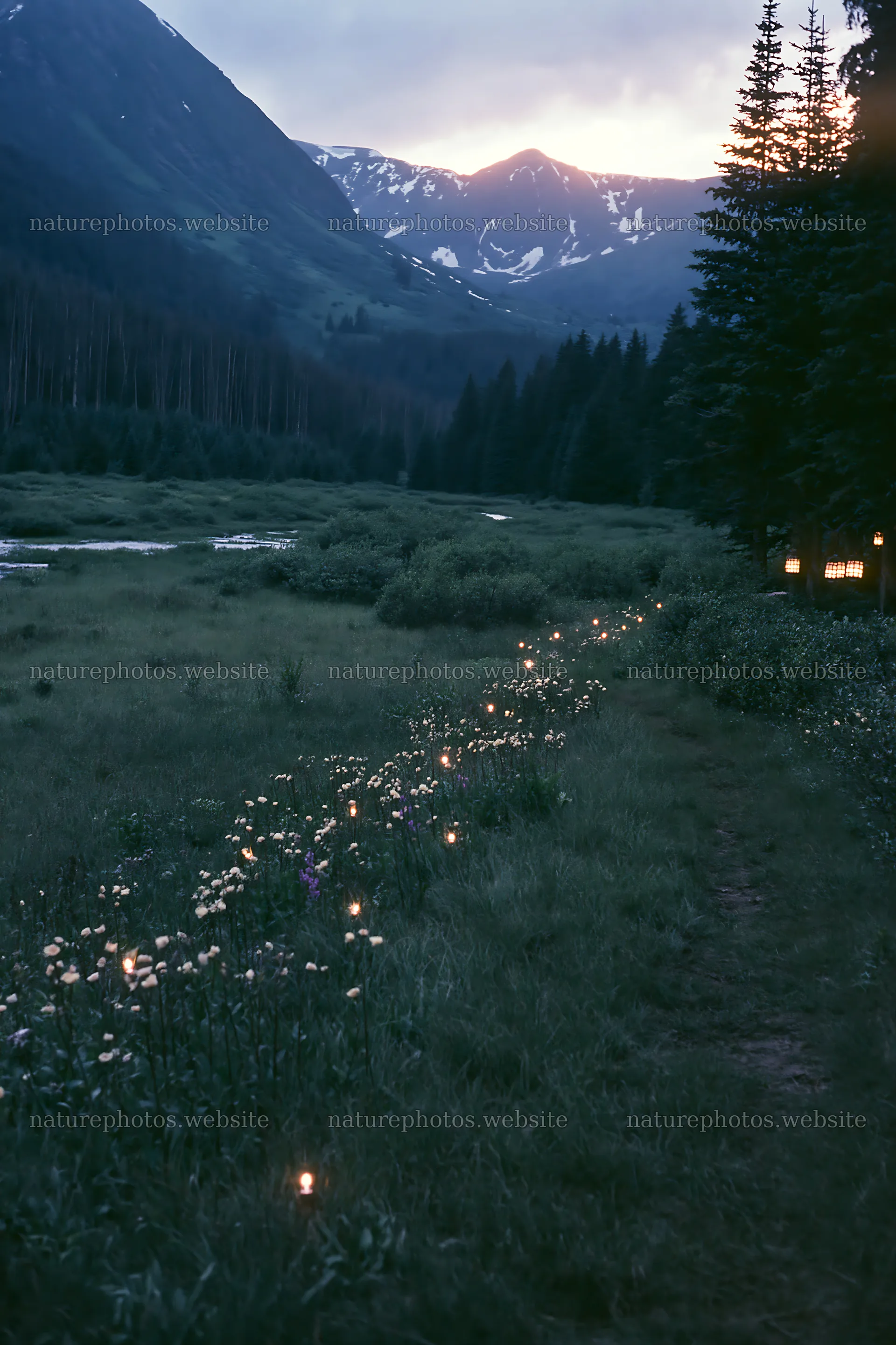 Christmas lights across mountain valley meadow at dusk – nature photos 6480x9722