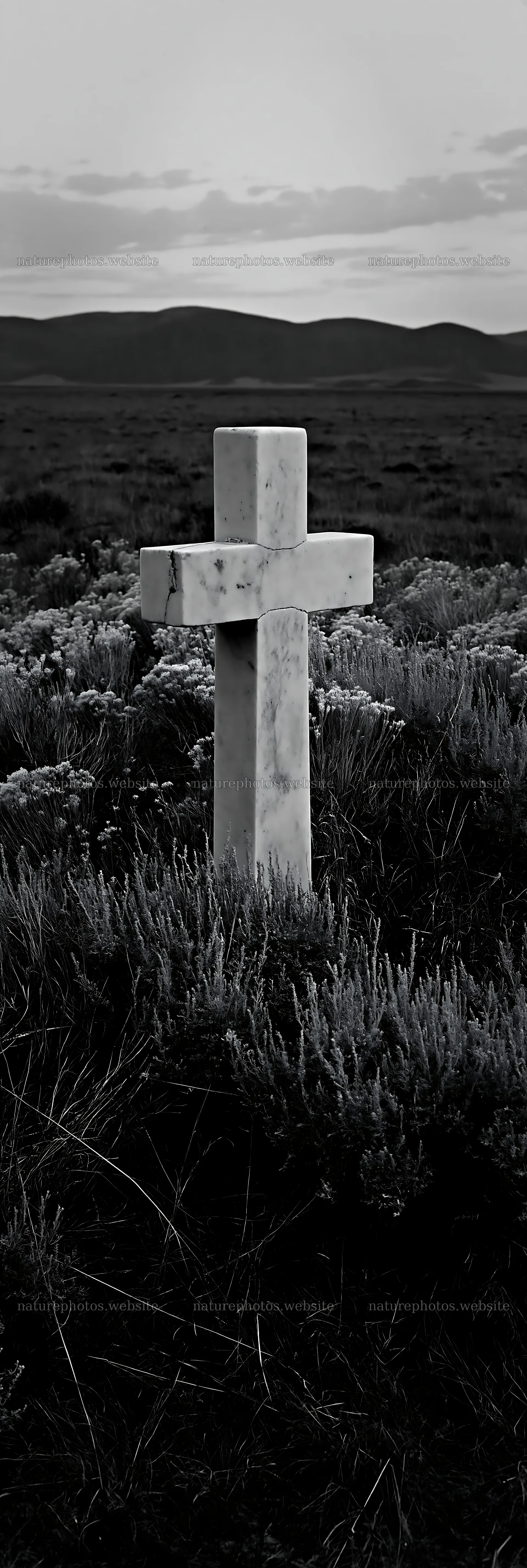 White Christian cross in remote meadow at sunset – nature photos 4602x13690