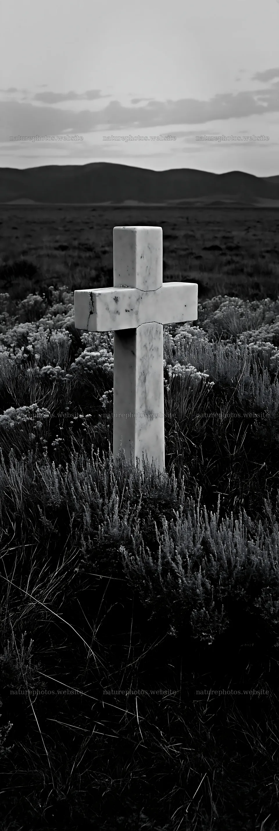 White Christian cross in remote meadow at sunset – nature photos 4602x13690