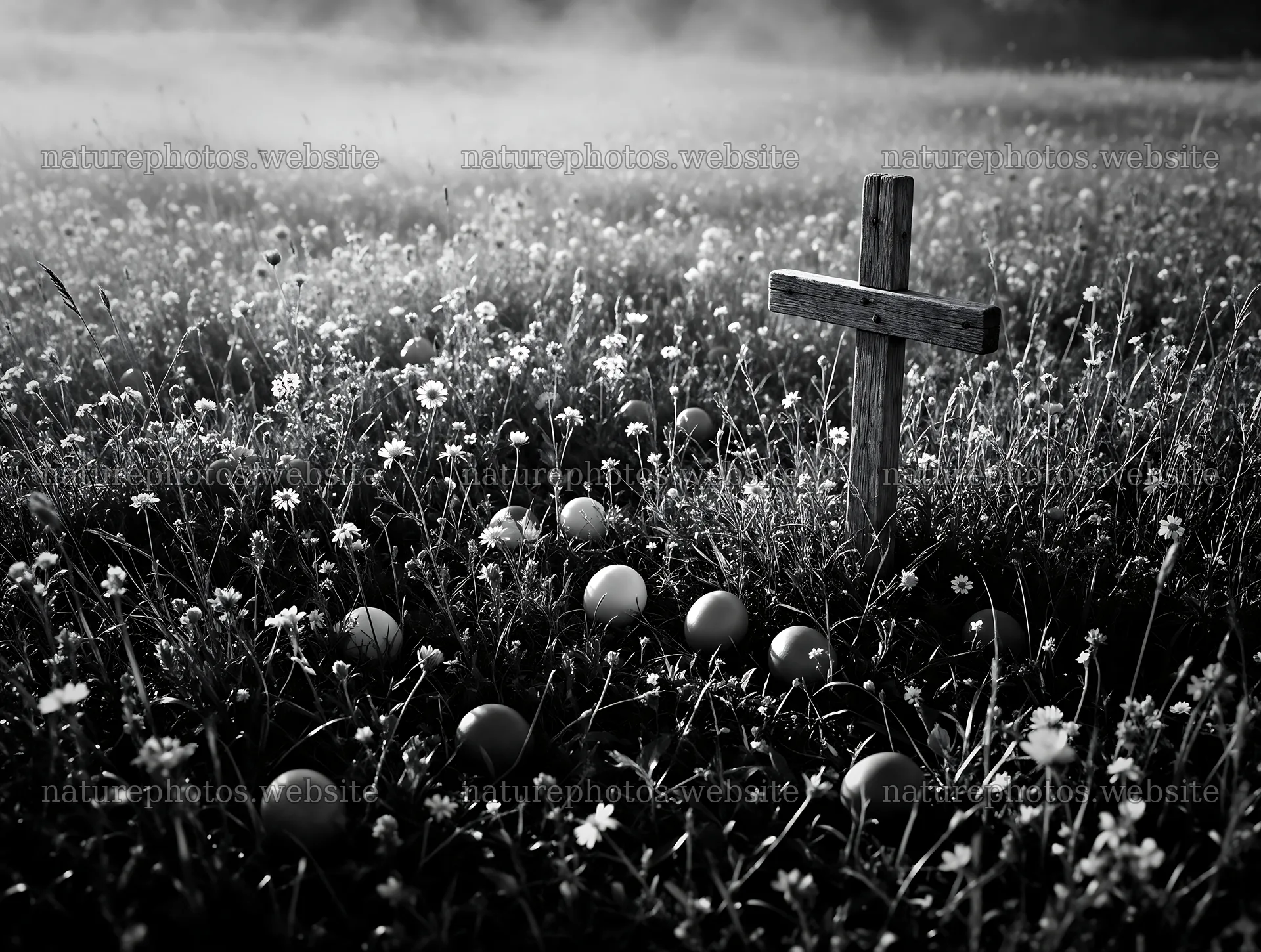 Weathered Christian cross in misty meadow with colored balls – nature photos 9134x6898