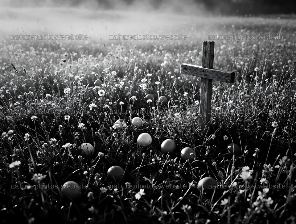Weathered Christian cross in misty meadow with colored balls – nature photos 9134x6898
