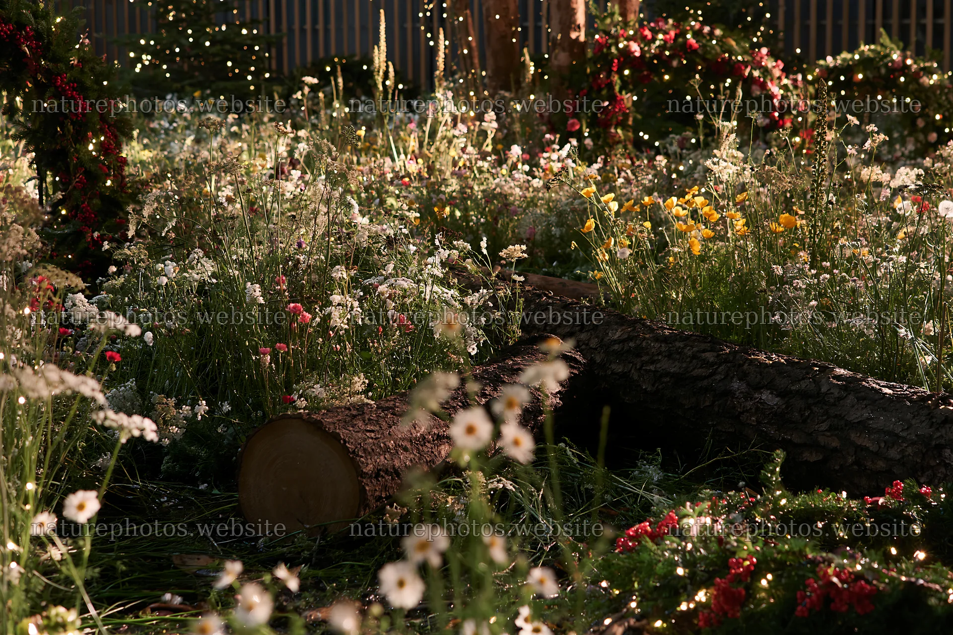 Expansive Christmas meadow with wreaths and log in rainwater – nature photos 9722x6480