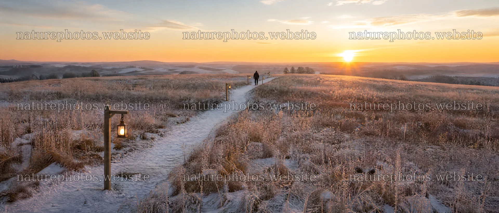 Colorful path through a Christmas meadow at sunset – nature photos 12124x5196
